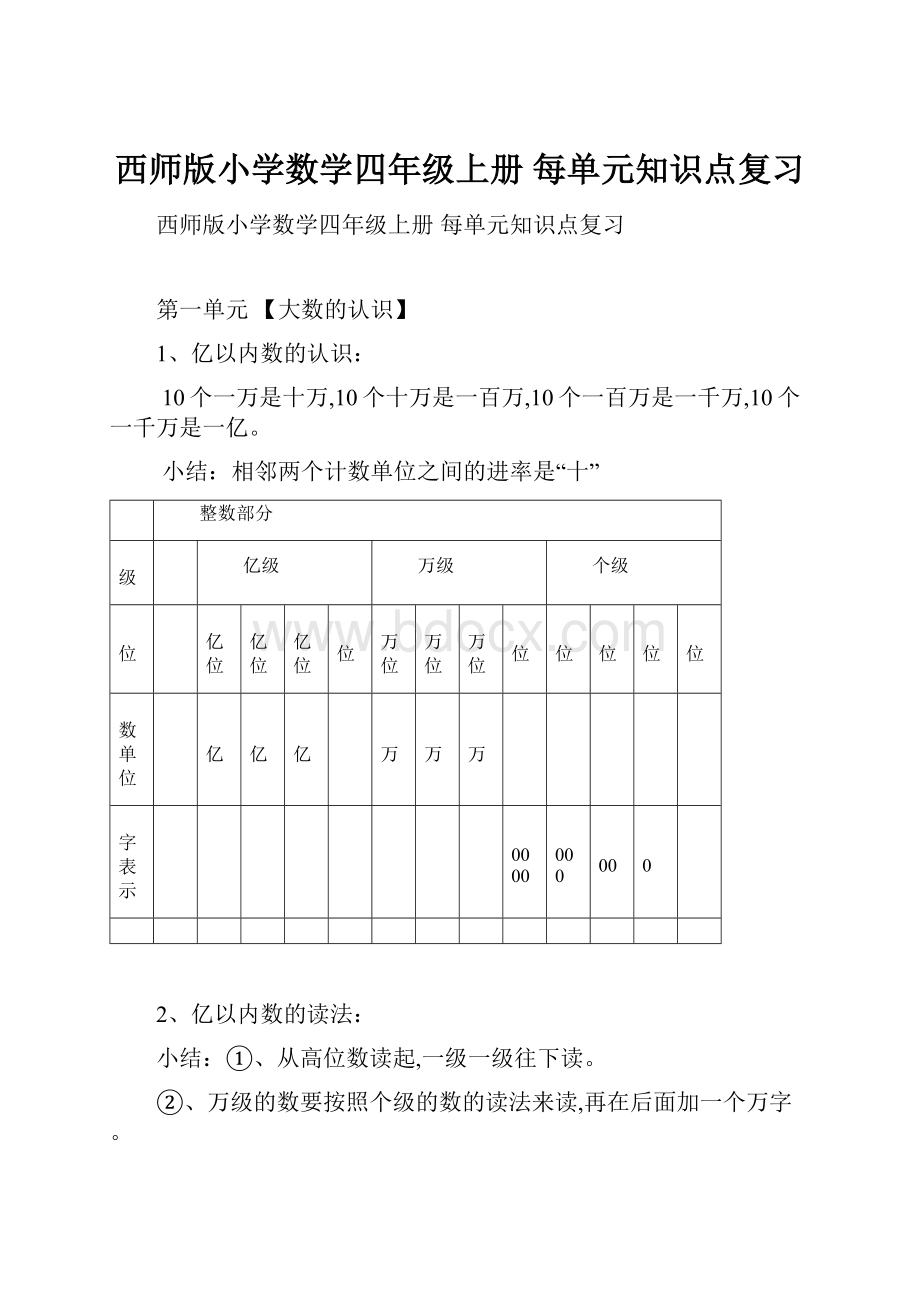 西师版小学数学四年级上册 每单元知识点复习.docx