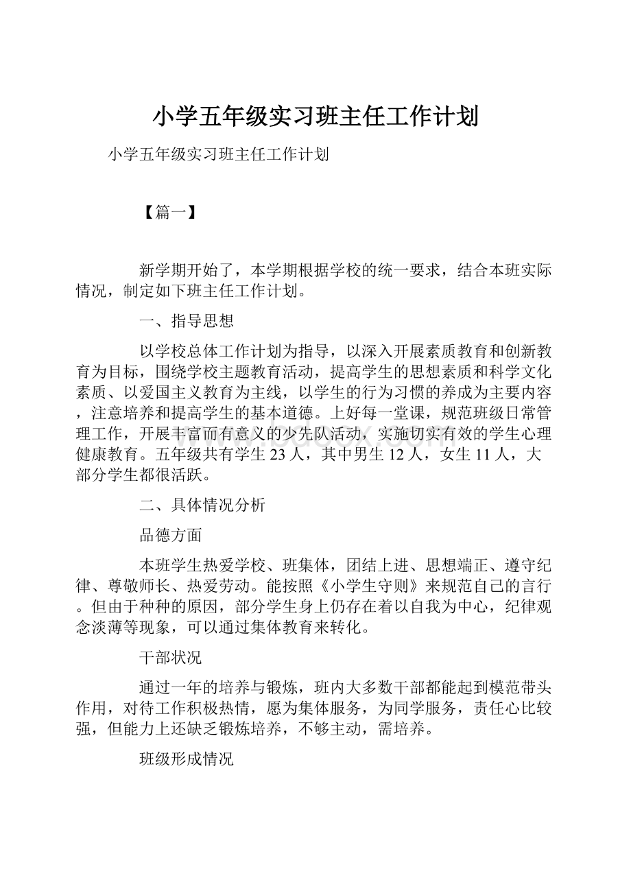 小学五年级实习班主任工作计划.docx