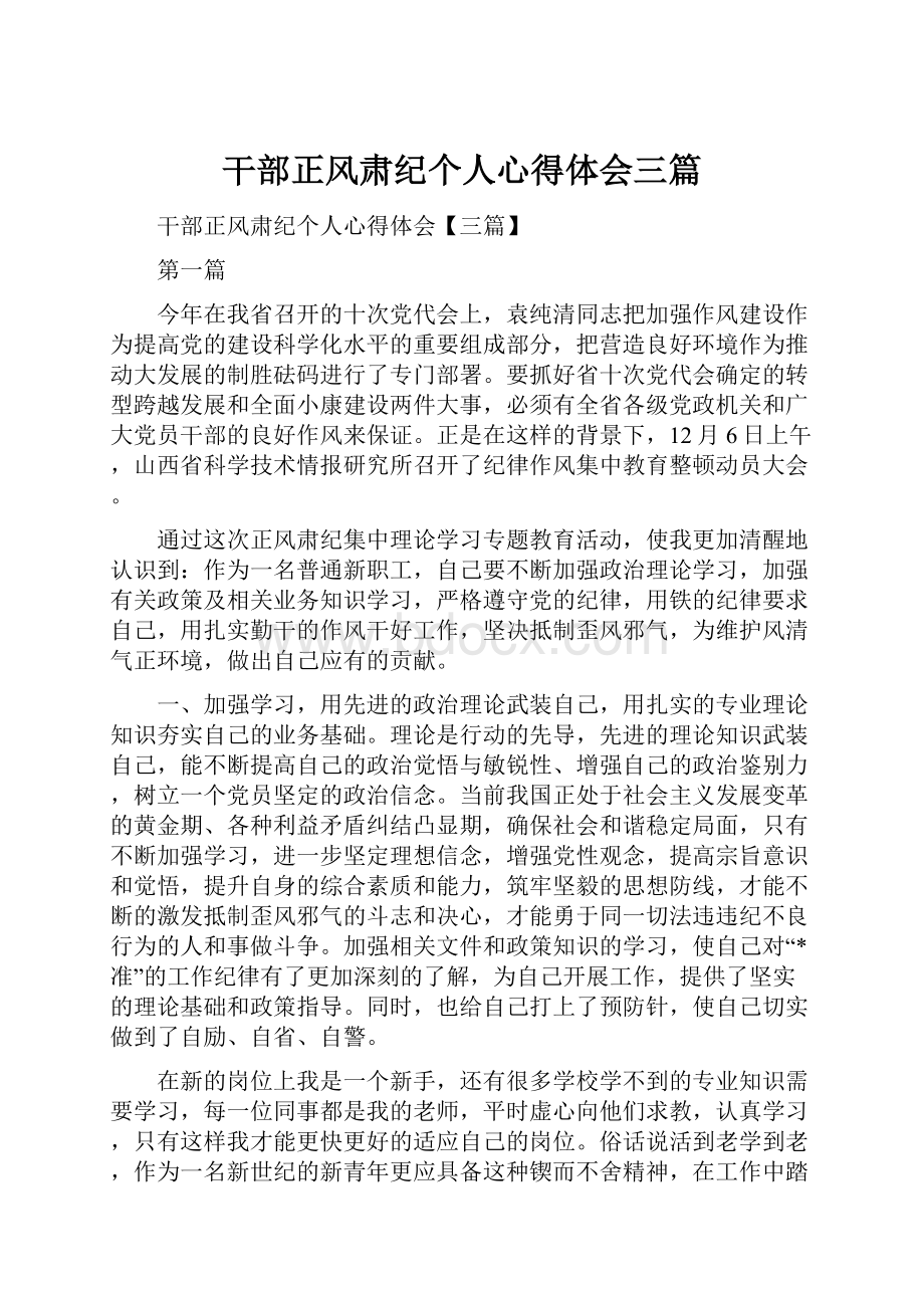 干部正风肃纪个人心得体会三篇.docx_第1页