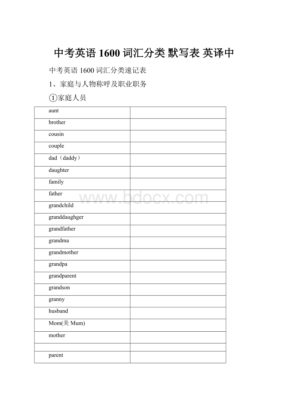 中考英语1600词汇分类 默写表 英译中.docx_第1页