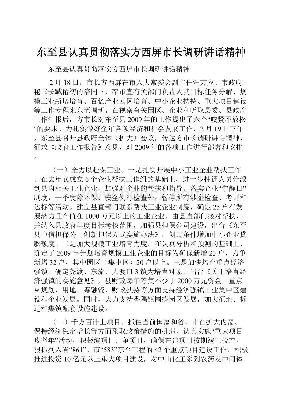 东至县认真贯彻落实方西屏市长调研讲话精神.docx_第1页