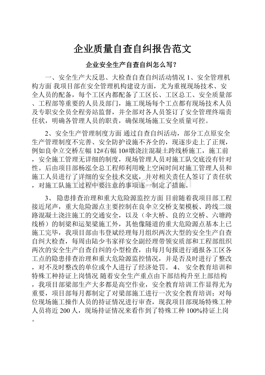 企业质量自查自纠报告范文.docx