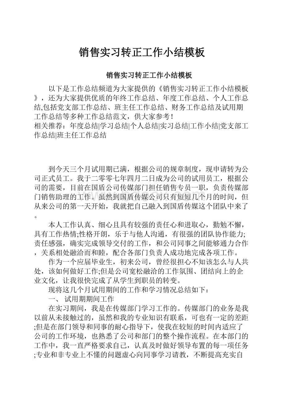 销售实习转正工作小结模板.docx_第1页