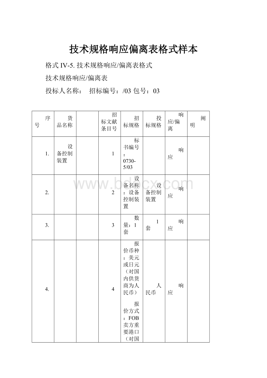 技术规格响应偏离表格式样本.docx_第1页