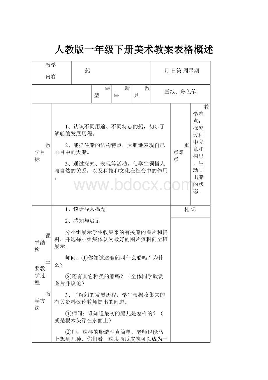 人教版一年级下册美术教案表格概述.docx_第1页