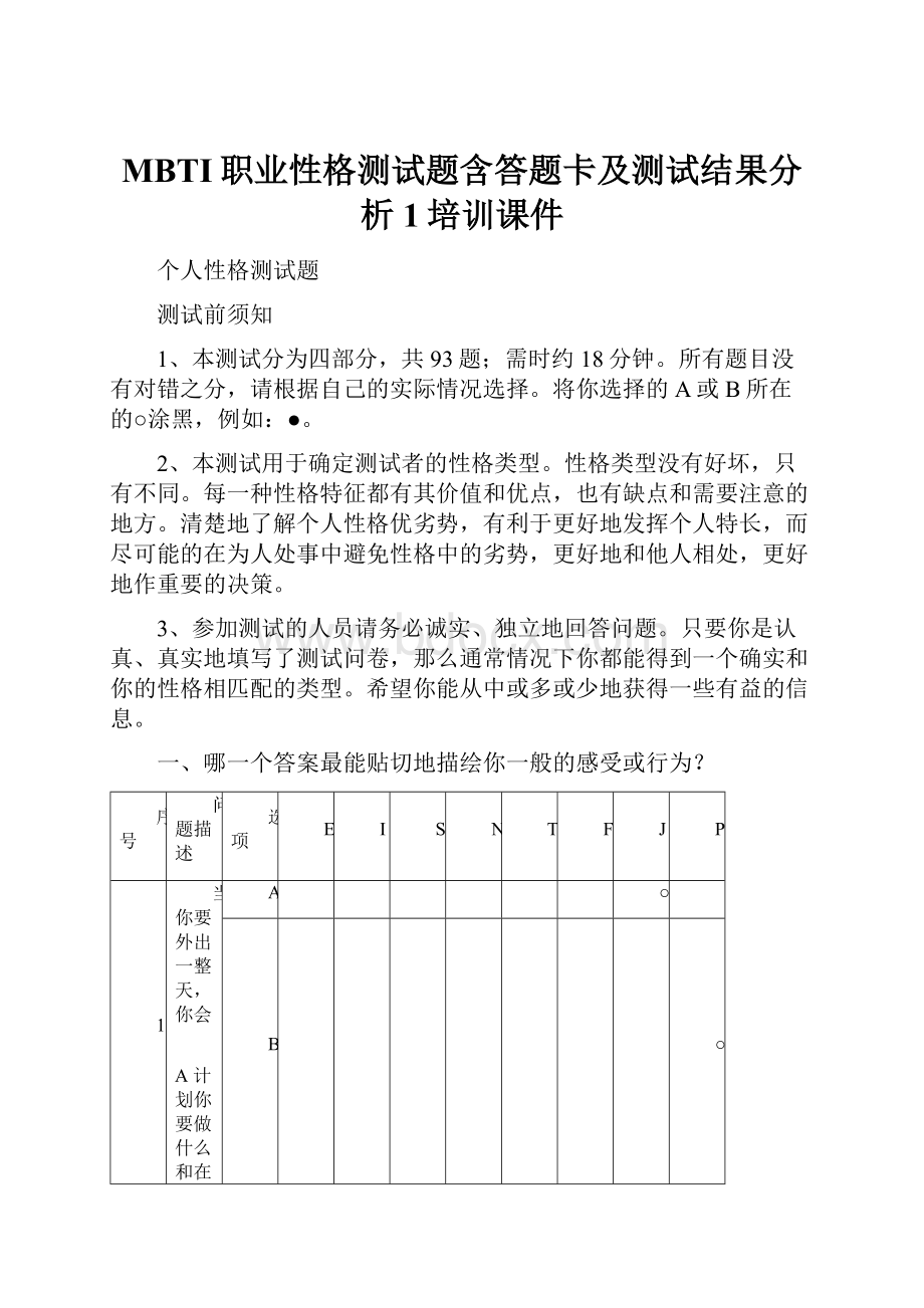 MBTI职业性格测试题含答题卡及测试结果分析1培训课件.docx_第1页