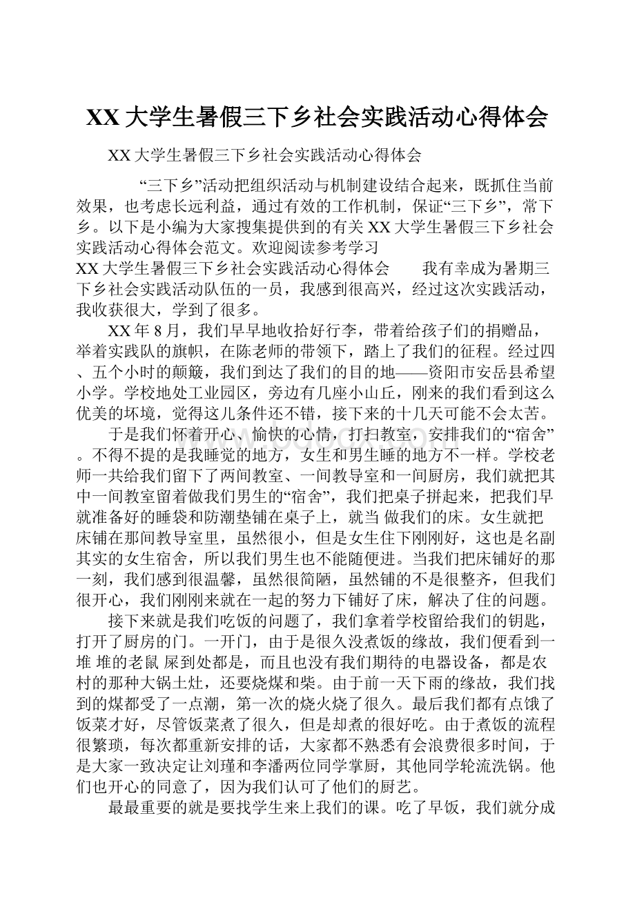 XX大学生暑假三下乡社会实践活动心得体会.docx_第1页