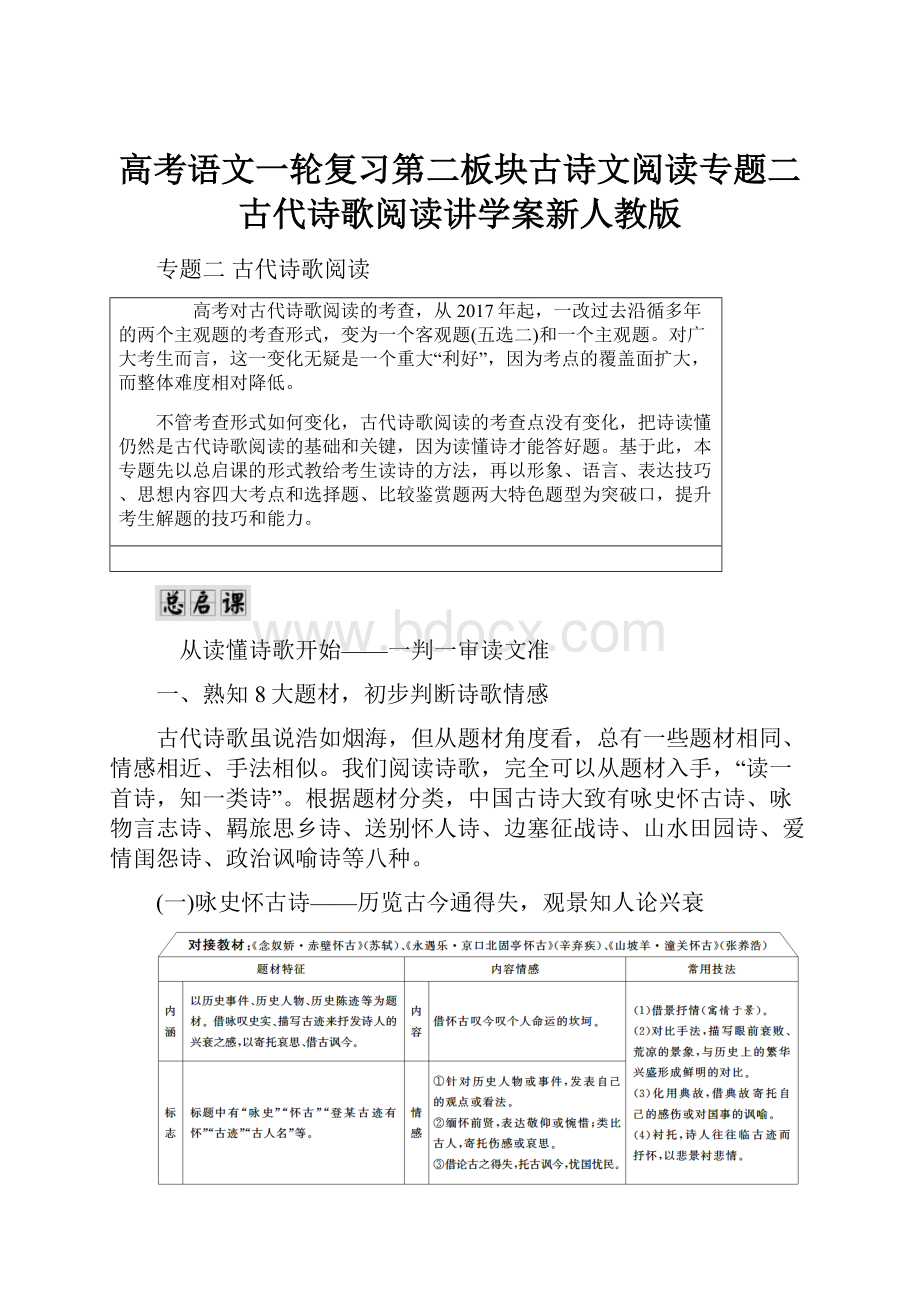 高考语文一轮复习第二板块古诗文阅读专题二古代诗歌阅读讲学案新人教版.docx