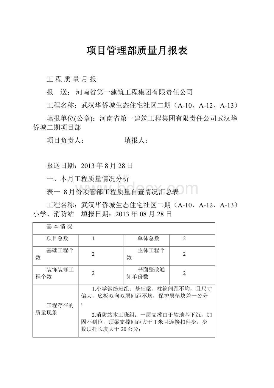 项目管理部质量月报表.docx