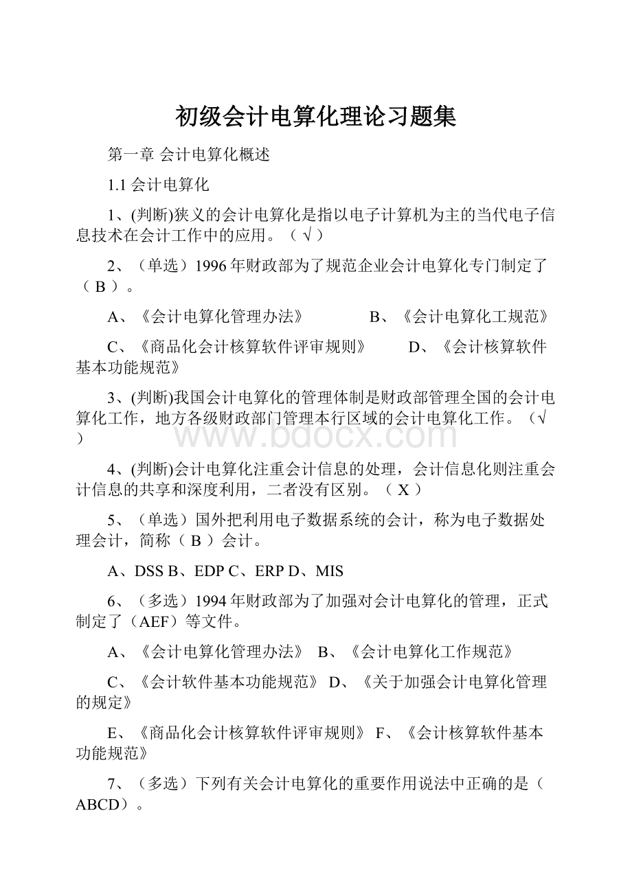 初级会计电算化理论习题集.docx