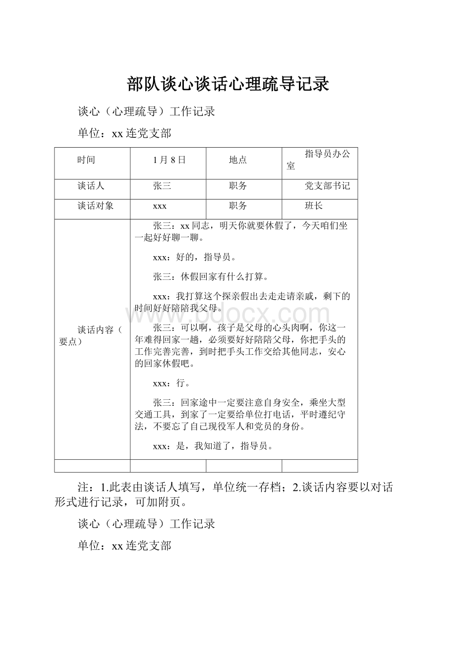 部队谈心谈话心理疏导记录.docx_第1页