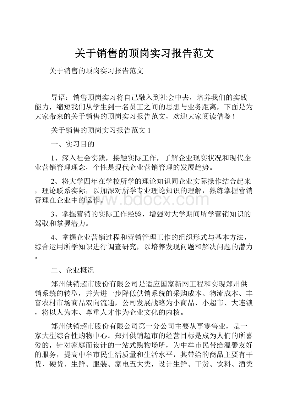 关于销售的顶岗实习报告范文.docx