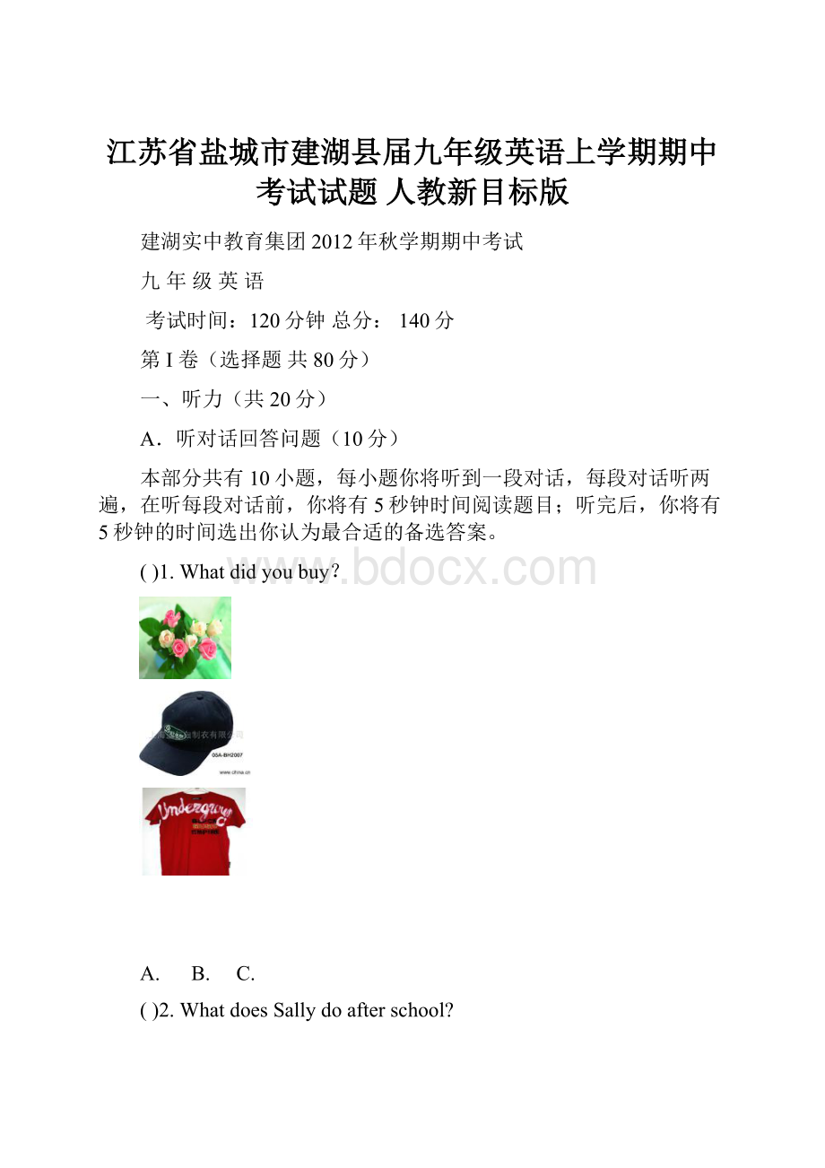 江苏省盐城市建湖县届九年级英语上学期期中考试试题 人教新目标版.docx