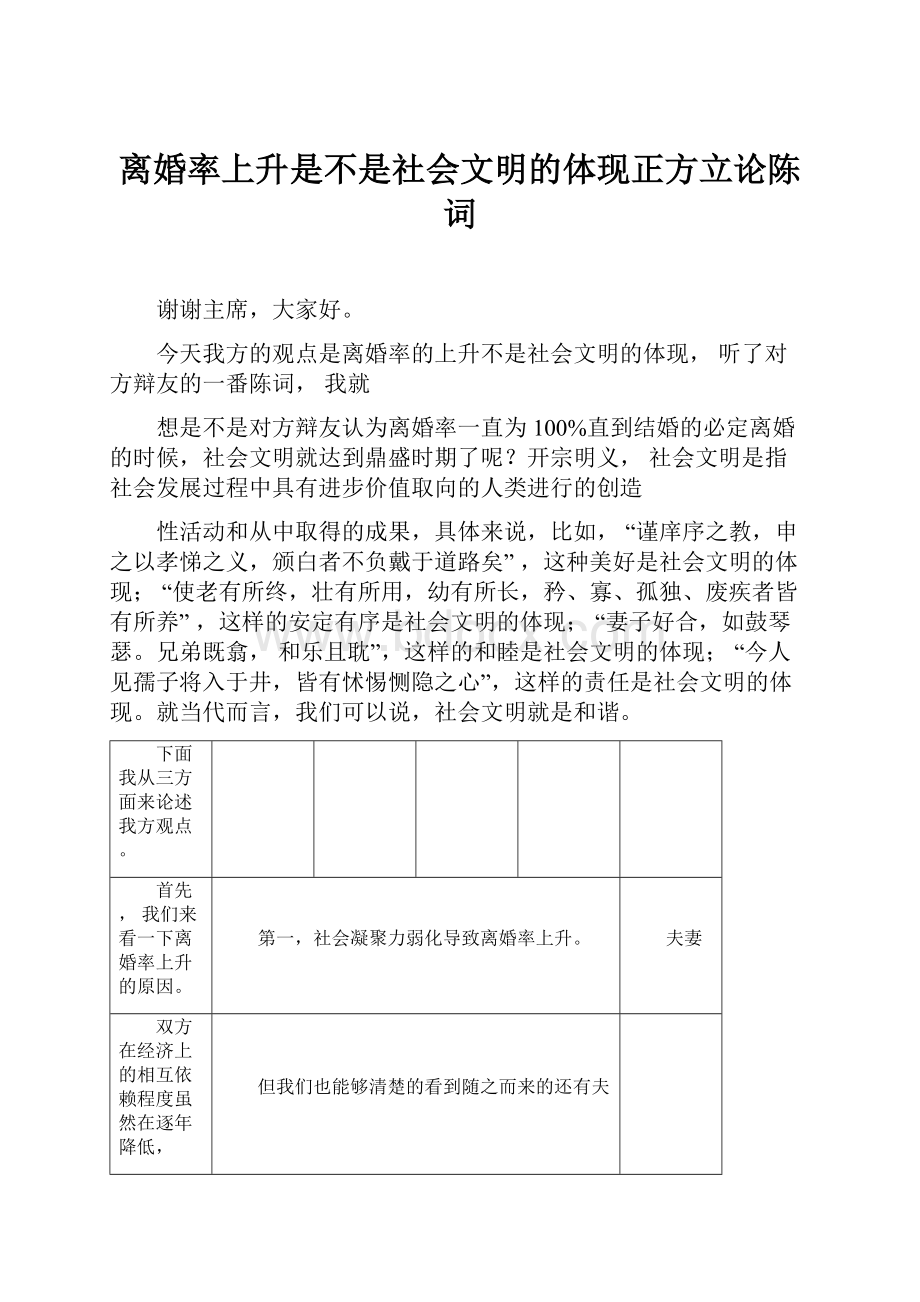 离婚率上升是不是社会文明的体现正方立论陈词.docx_第1页