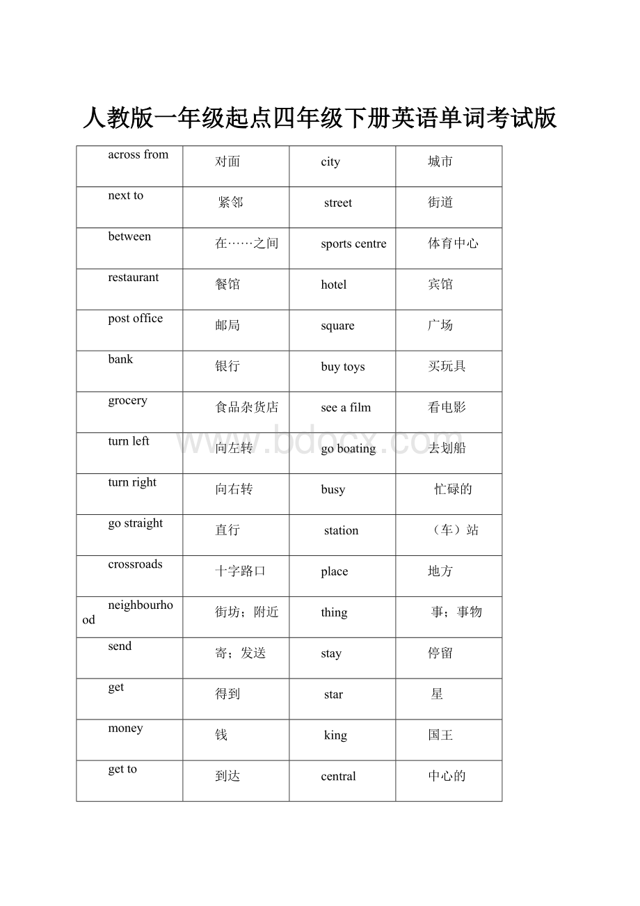 人教版一年级起点四年级下册英语单词考试版.docx