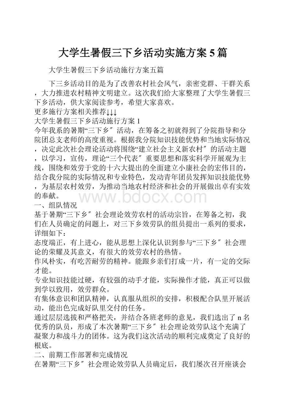 大学生暑假三下乡活动实施方案5篇.docx_第1页