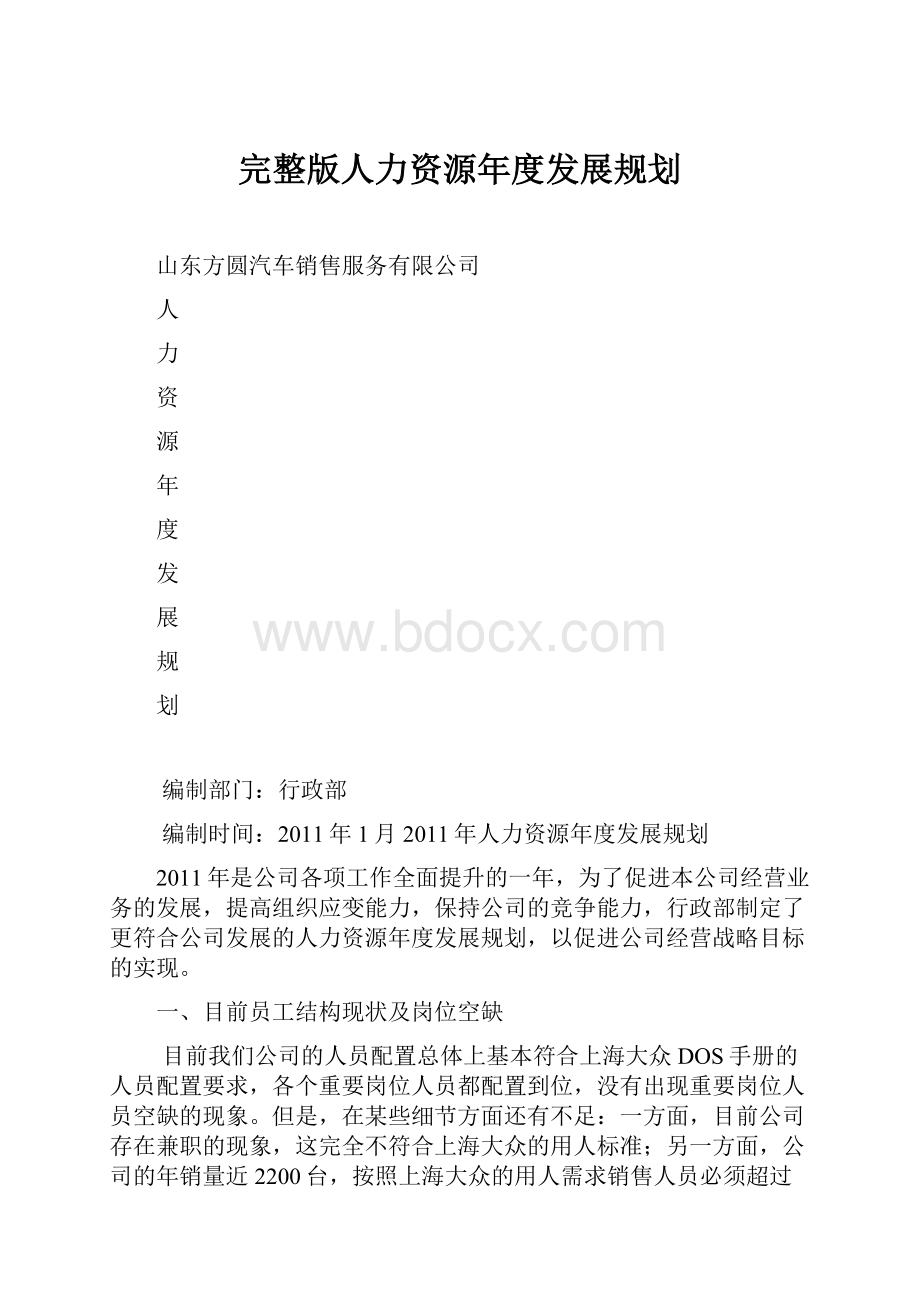 完整版人力资源年度发展规划.docx_第1页