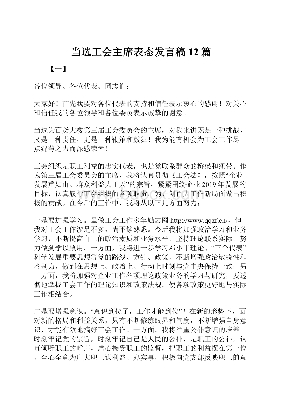 当选工会主席表态发言稿12篇.docx