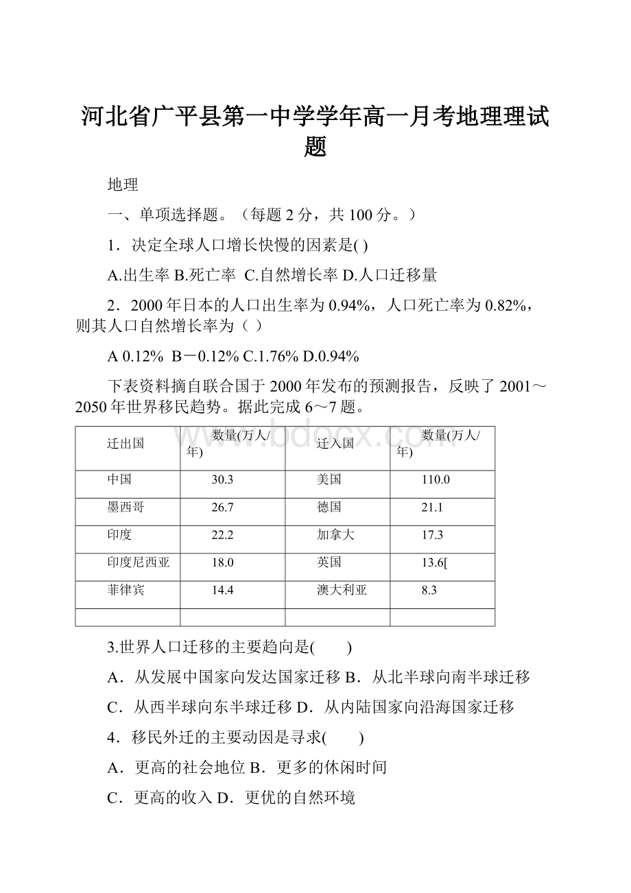 河北省广平县第一中学学年高一月考地理理试题.docx