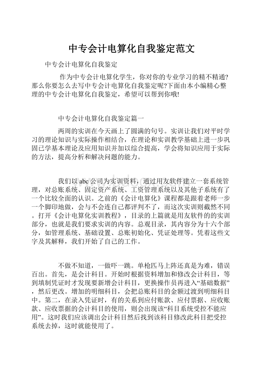 中专会计电算化自我鉴定范文.docx