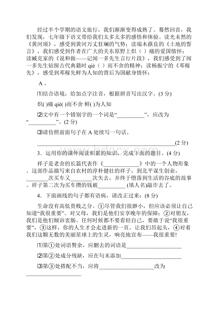 安徽省芜湖市第二十九中学学年七年级下学期期中教学质量评估语文试题.docx_第2页