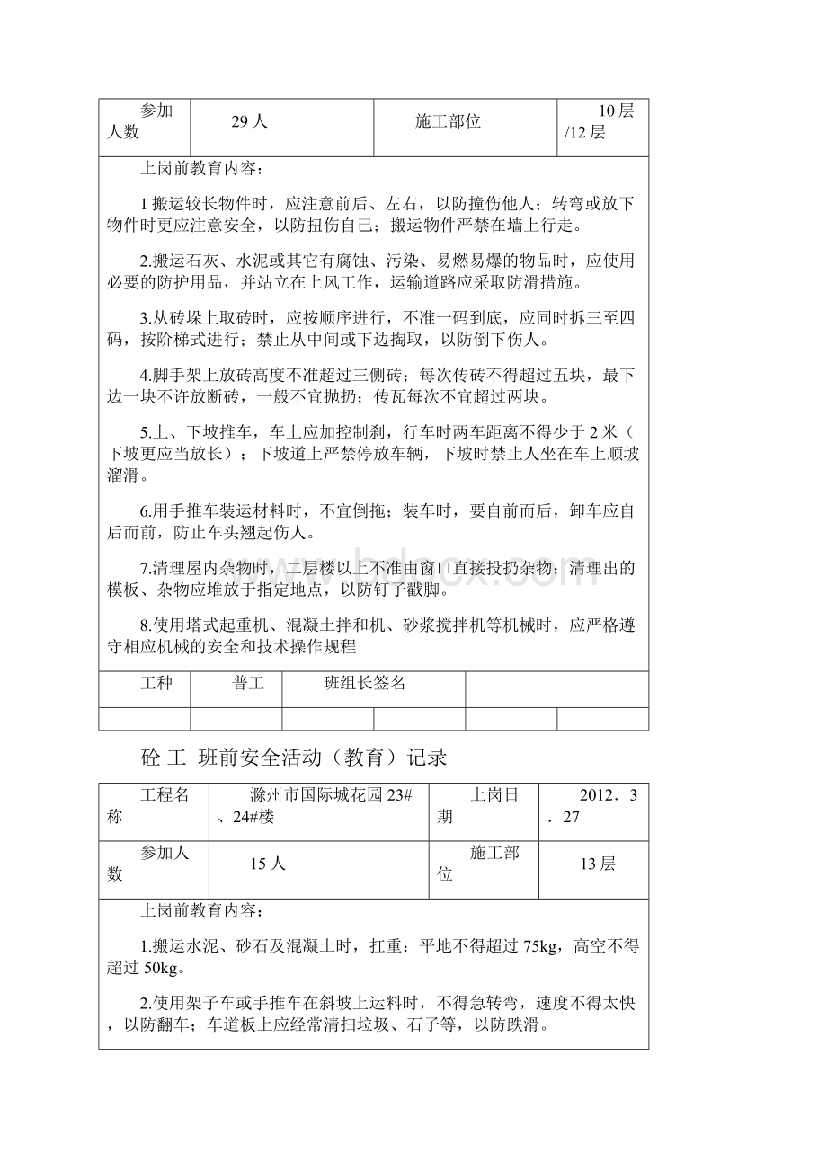 134班前安全活动教育记录.docx_第2页