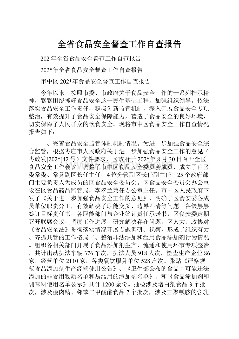 全省食品安全督查工作自查报告.docx_第1页