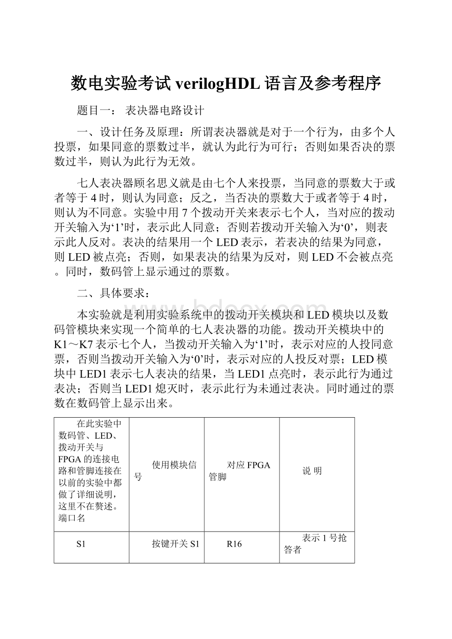 数电实验考试 verilogHDL语言及参考程序.docx