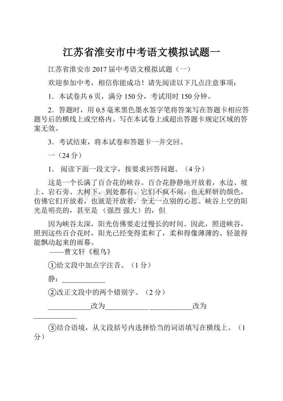 江苏省淮安市中考语文模拟试题一.docx