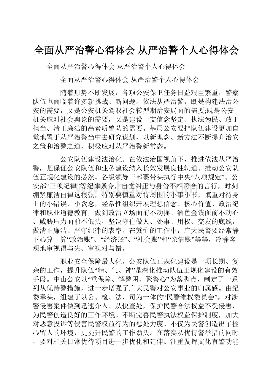 全面从严治警心得体会 从严治警个人心得体会.docx_第1页