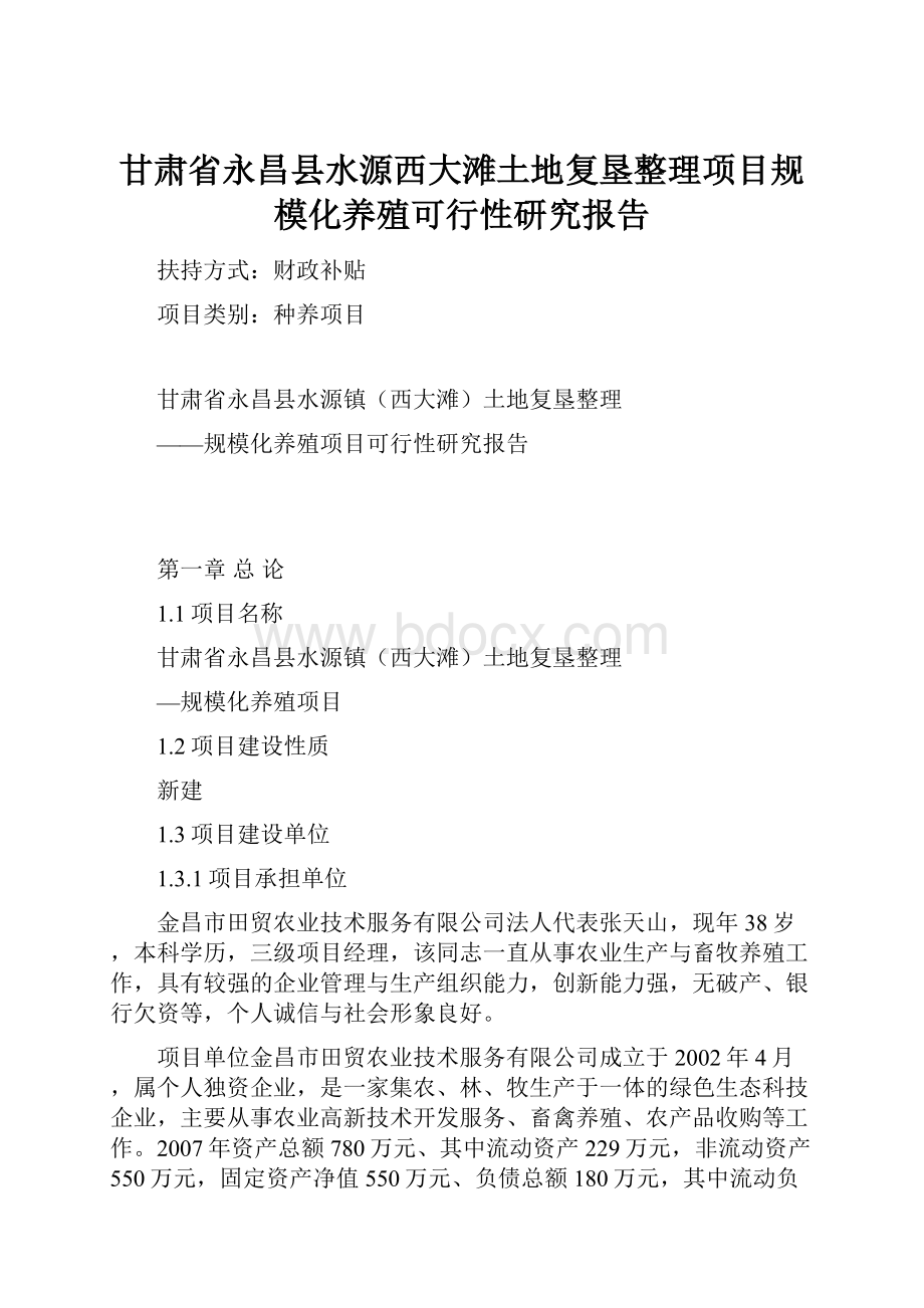 甘肃省永昌县水源西大滩土地复垦整理项目规模化养殖可行性研究报告.docx