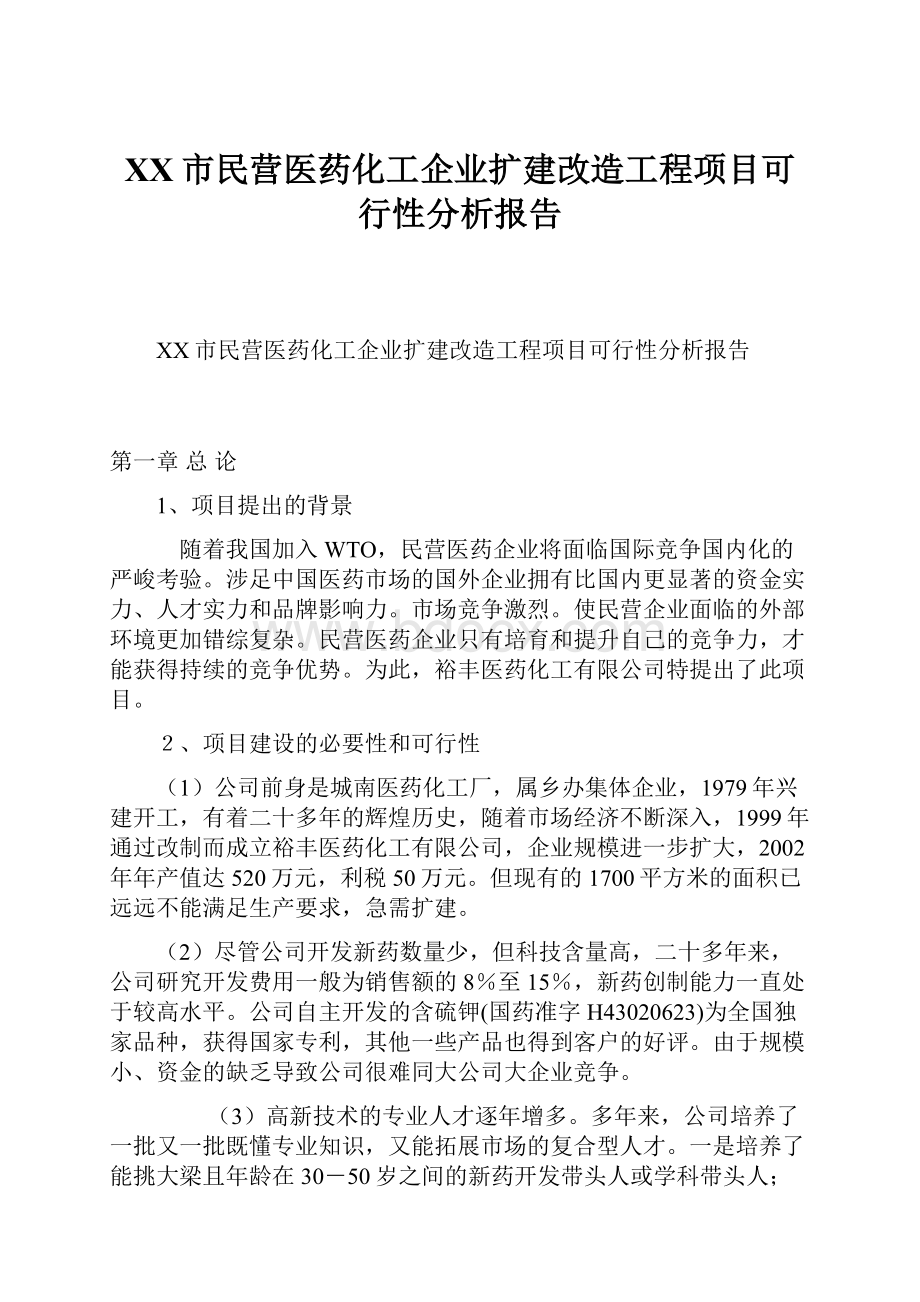 XX市民营医药化工企业扩建改造工程项目可行性分析报告.docx_第1页