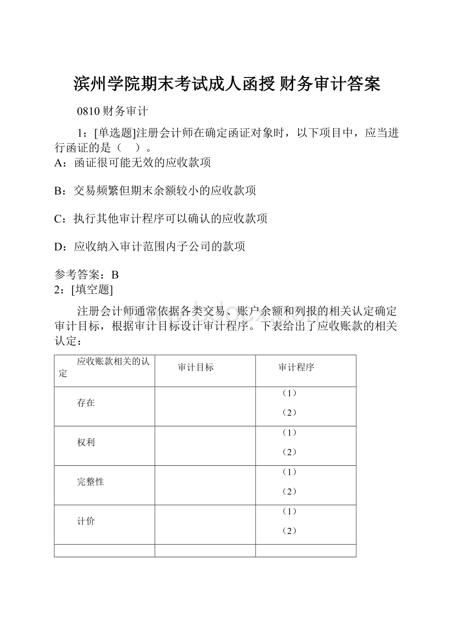 滨州学院期末考试成人函授 财务审计答案.docx