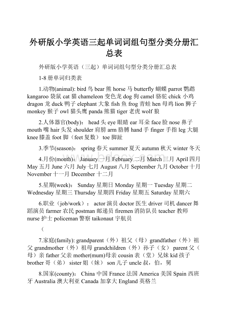 外研版小学英语三起单词词组句型分类分册汇总表.docx_第1页