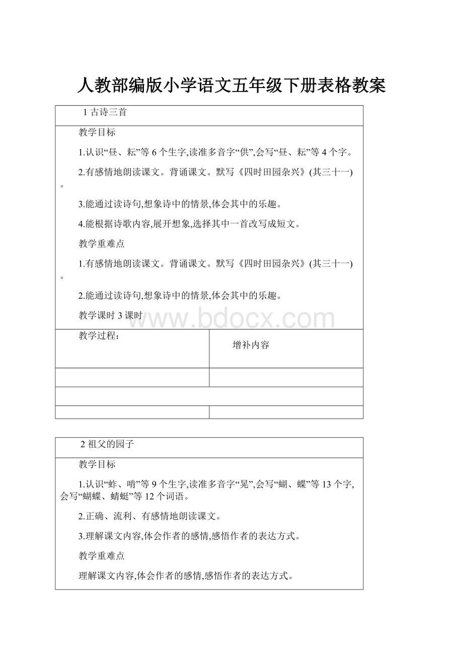 人教部编版小学语文五年级下册表格教案.docx_第1页