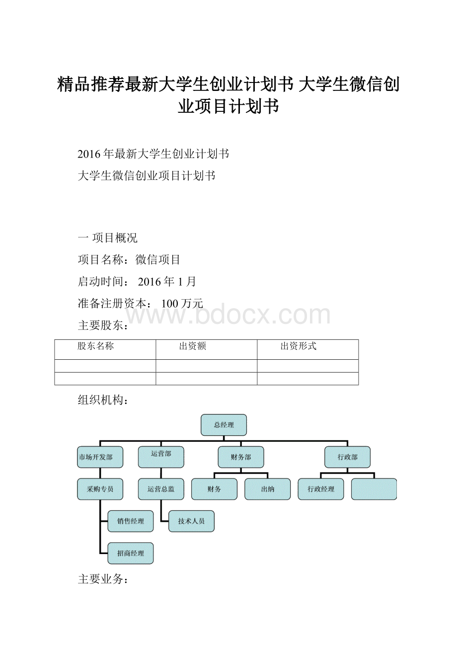 精品推荐最新大学生创业计划书 大学生微信创业项目计划书.docx_第1页