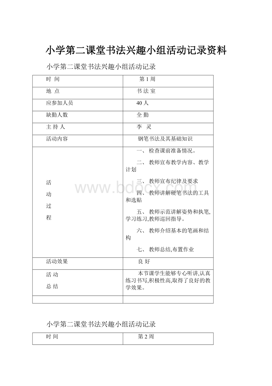 小学第二课堂书法兴趣小组活动记录资料.docx_第1页