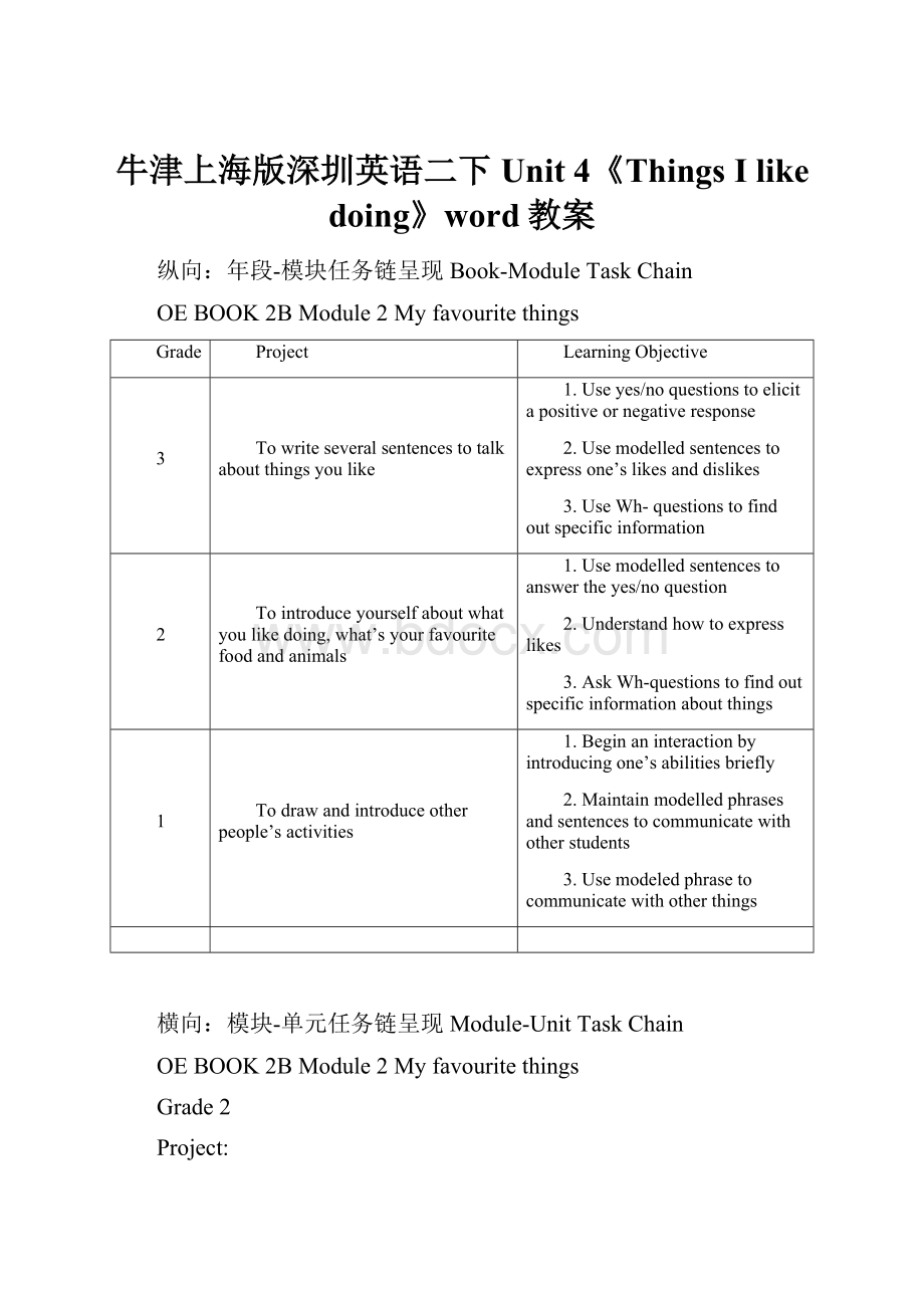 牛津上海版深圳英语二下Unit 4《Things I like doing》word教案.docx