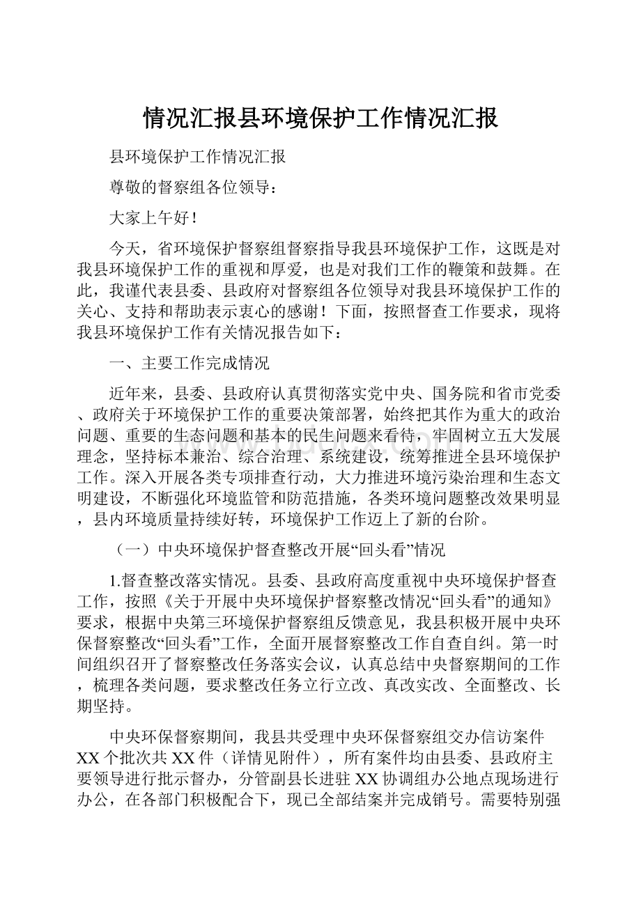 情况汇报县环境保护工作情况汇报.docx