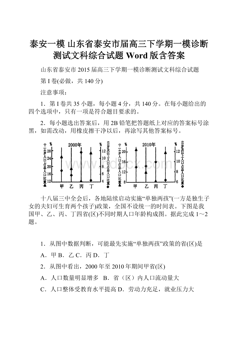 泰安一模 山东省泰安市届高三下学期一模诊断测试文科综合试题 Word版含答案.docx