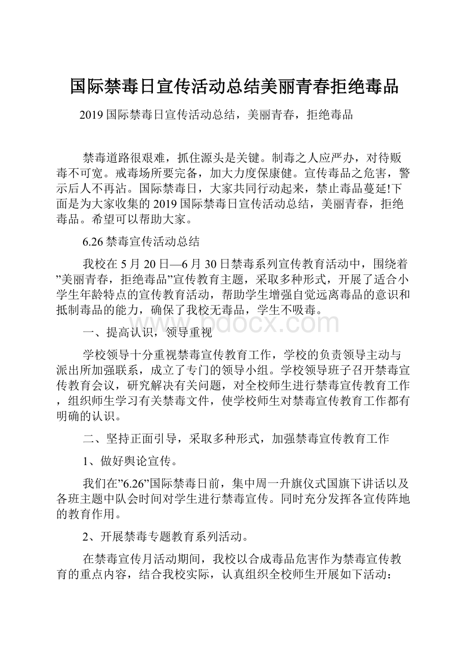 国际禁毒日宣传活动总结美丽青春拒绝毒品.docx_第1页