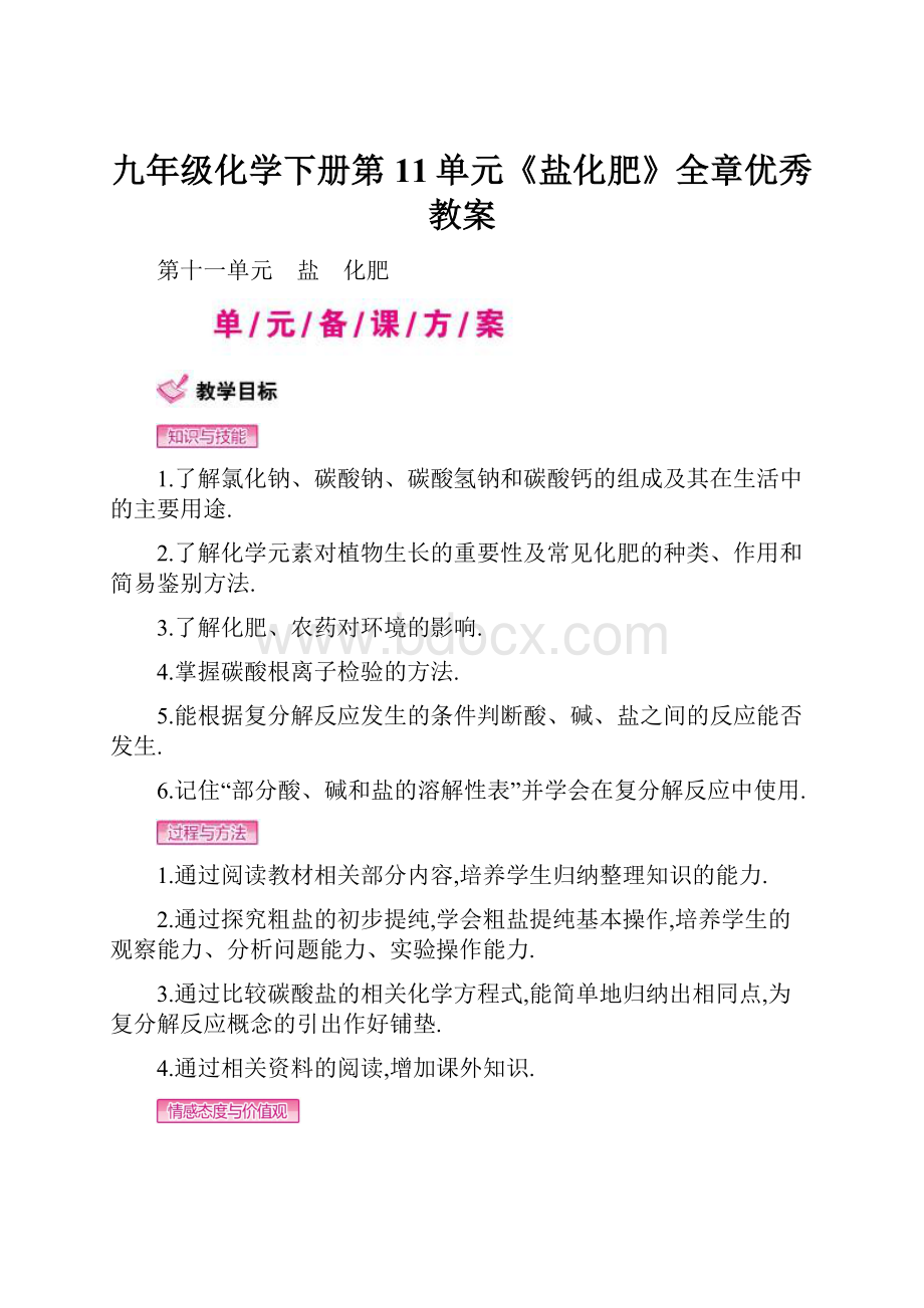 九年级化学下册第11单元《盐化肥》全章优秀教案.docx