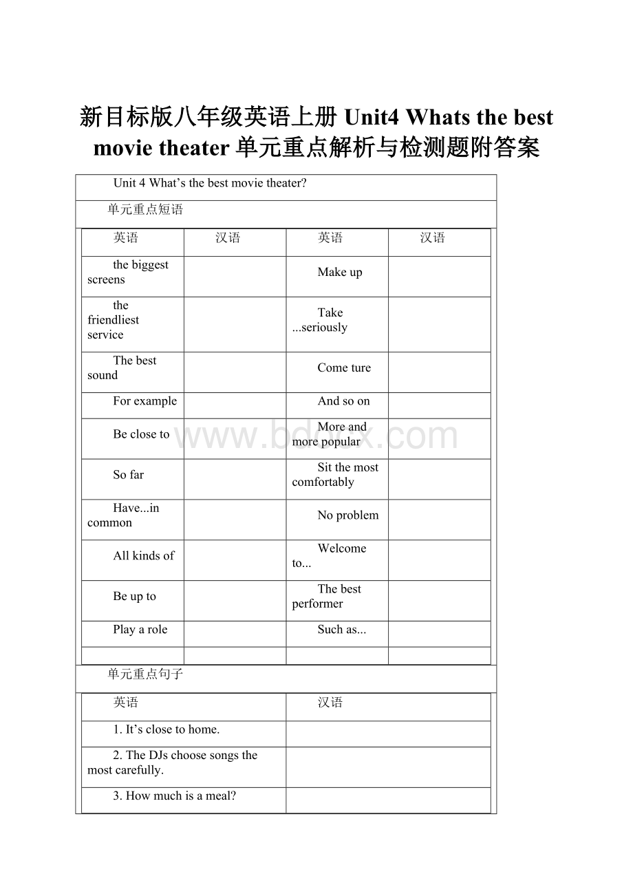 新目标版八年级英语上册Unit4 Whats the best movie theater单元重点解析与检测题附答案.docx_第1页