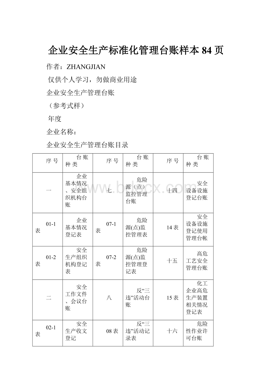 企业安全生产标准化管理台账样本84页.docx_第1页