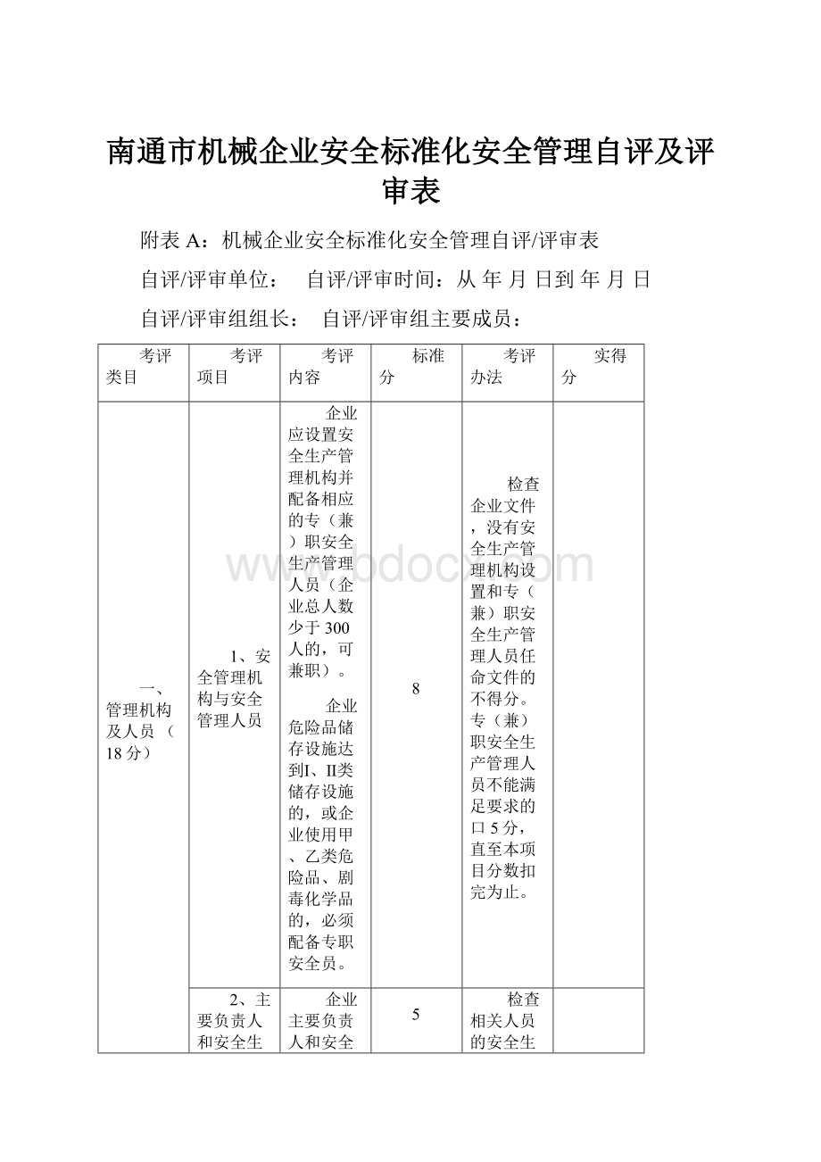 南通市机械企业安全标准化安全管理自评及评审表.docx_第1页