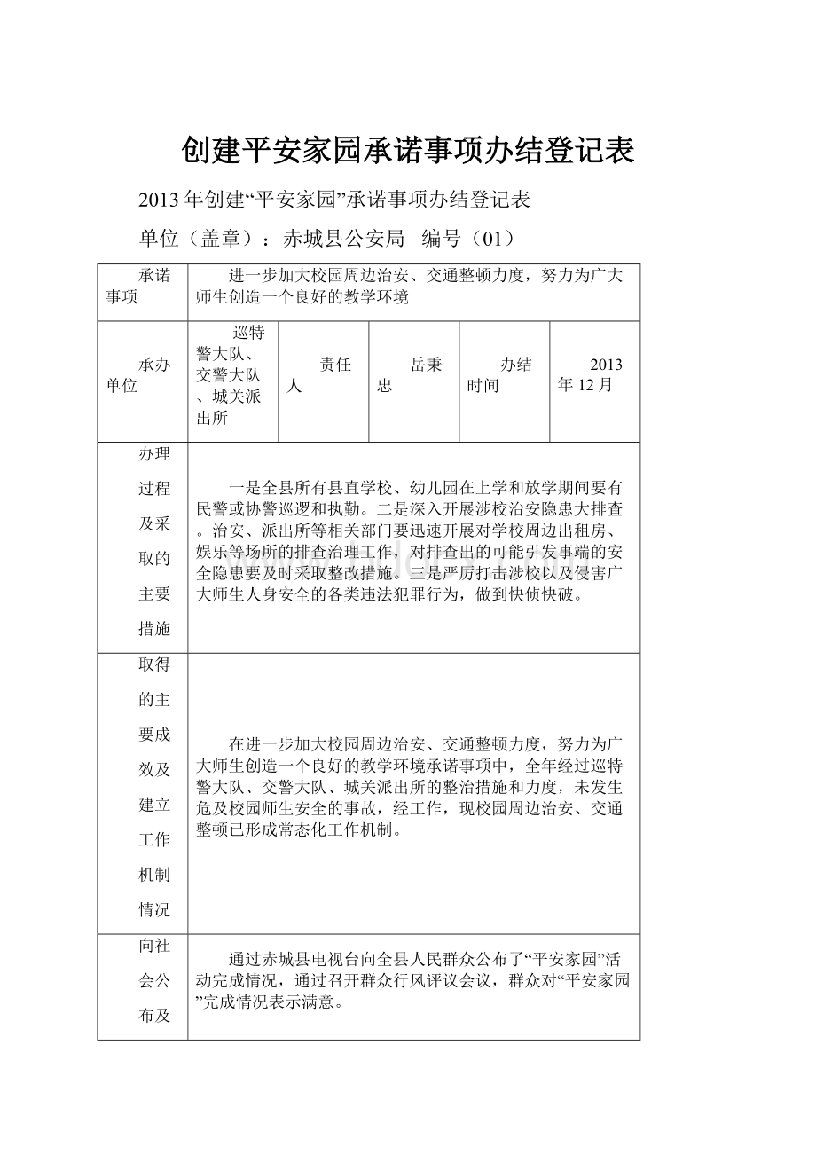 创建平安家园承诺事项办结登记表.docx