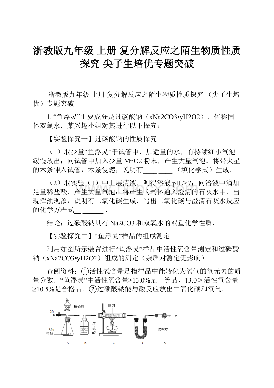 浙教版九年级 上册 复分解反应之陌生物质性质探究 尖子生培优专题突破.docx