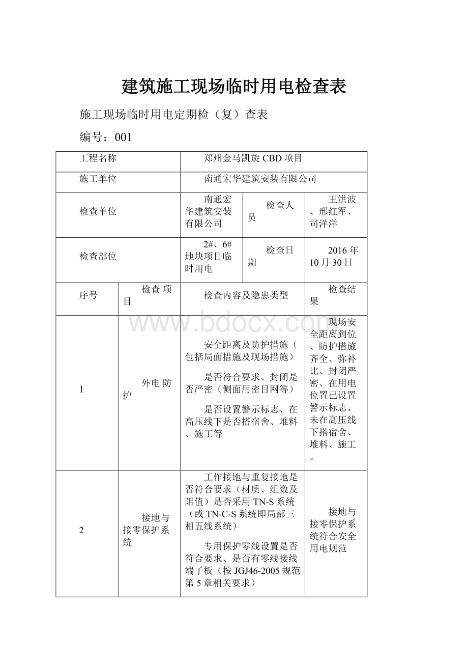 建筑施工现场临时用电检查表.docx_第1页