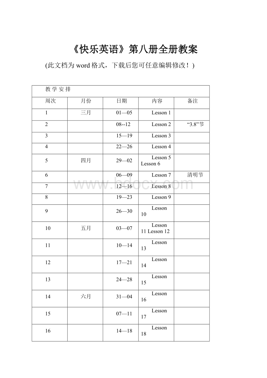 《快乐英语》第八册全册教案.docx_第1页