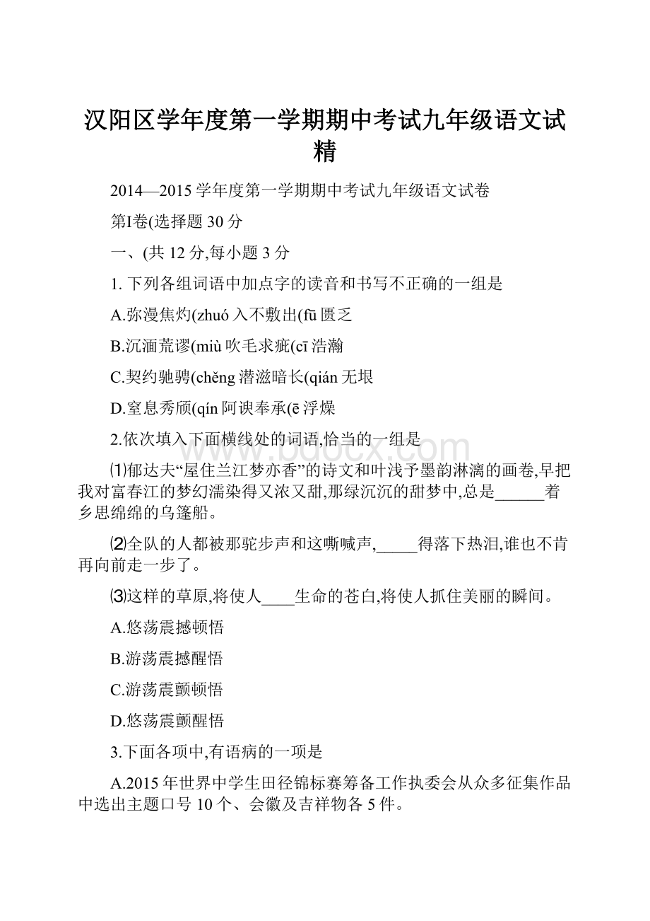 汉阳区学年度第一学期期中考试九年级语文试精.docx_第1页